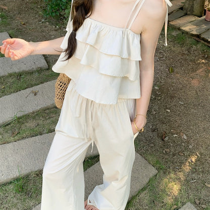 春夏清冷系荷葉邊配長褲兩件套