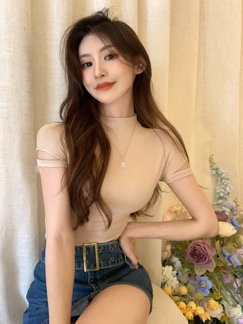 ins系氣質半袖小高領打底顯瘦T袖