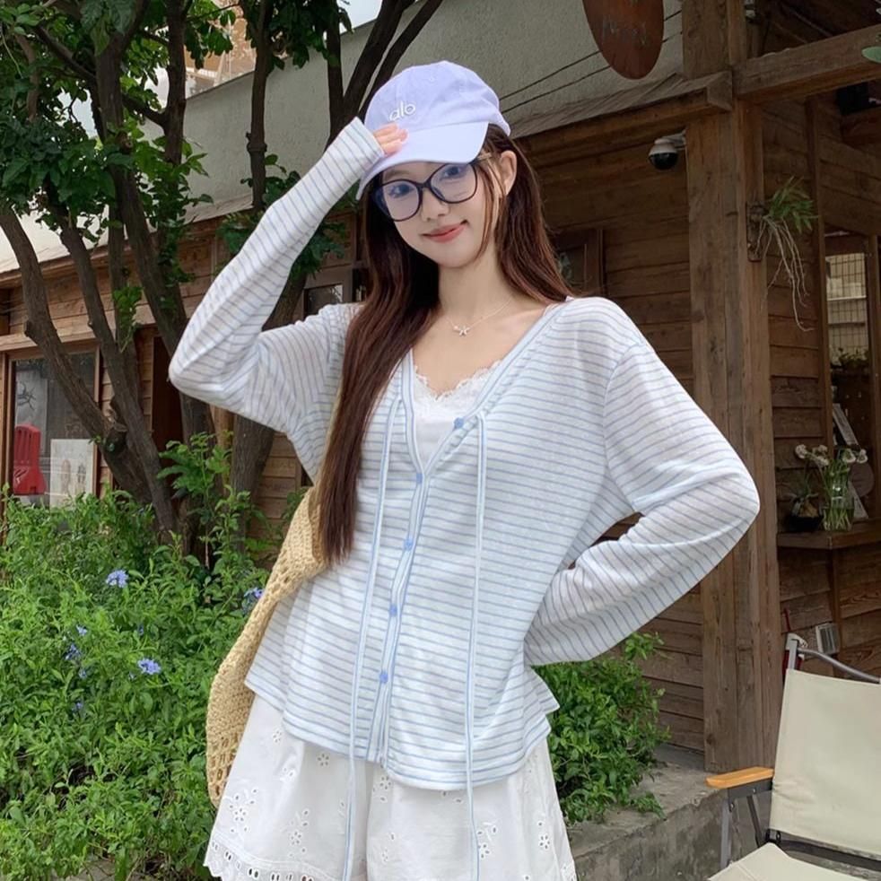 慵懶夏日V領綁帶開衫防曬外搭上衣