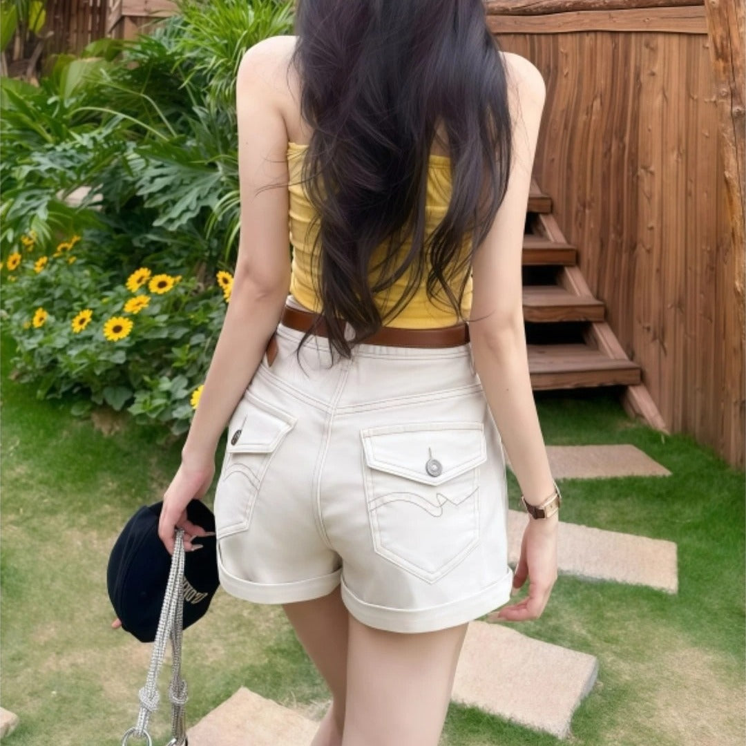 夏季人手一件美式牛仔高腰顯瘦短褲(有大尺碼)