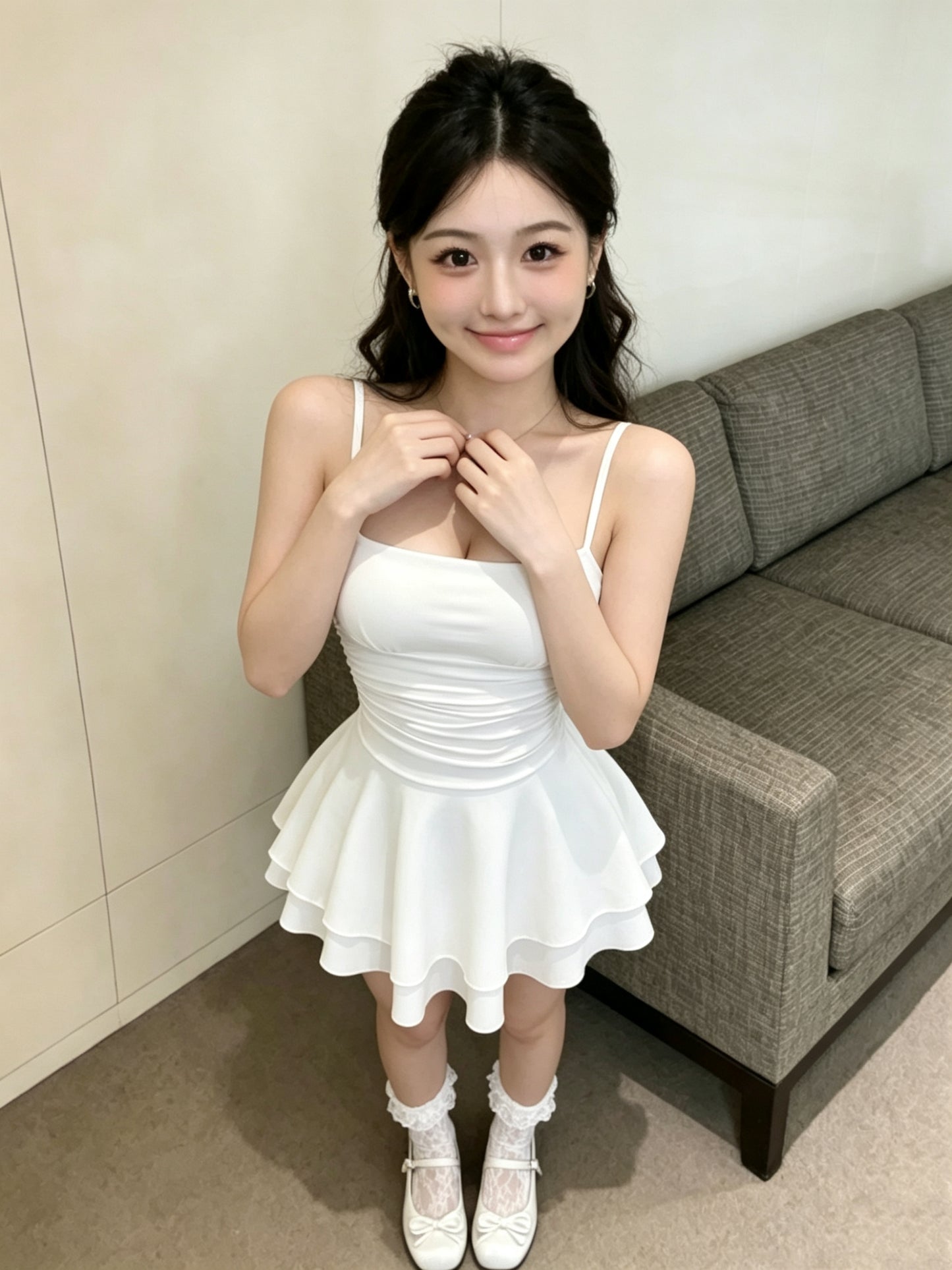 清純白色吊帶荷葉邊修身短裙