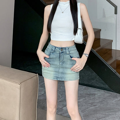 💕現貨秒出🍓復古水洗牛仔高腰短褲裙