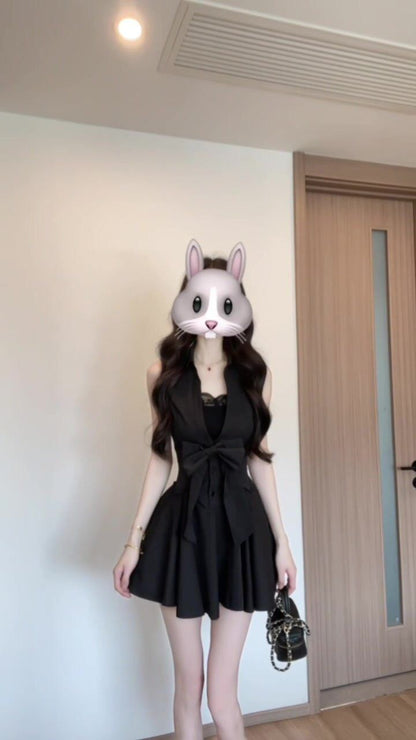 💕現貨秒出🍓御姐赫本風黑色POLO無袖澎澎裙組