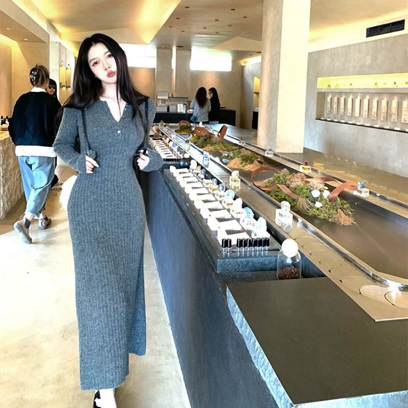 秋冬灰色半高領法式針織打底連身裙