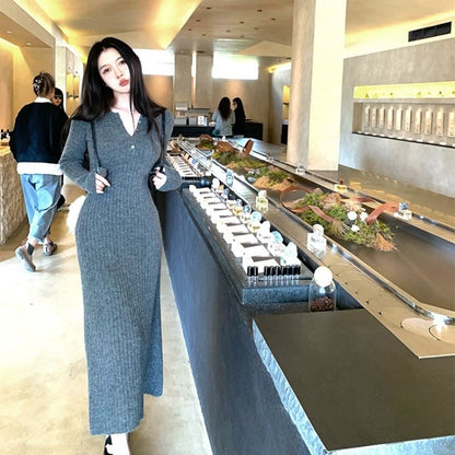 秋冬灰色半高領法式針織打底連身裙