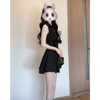 御姐赫本風黑色POLO無袖澎澎裙組