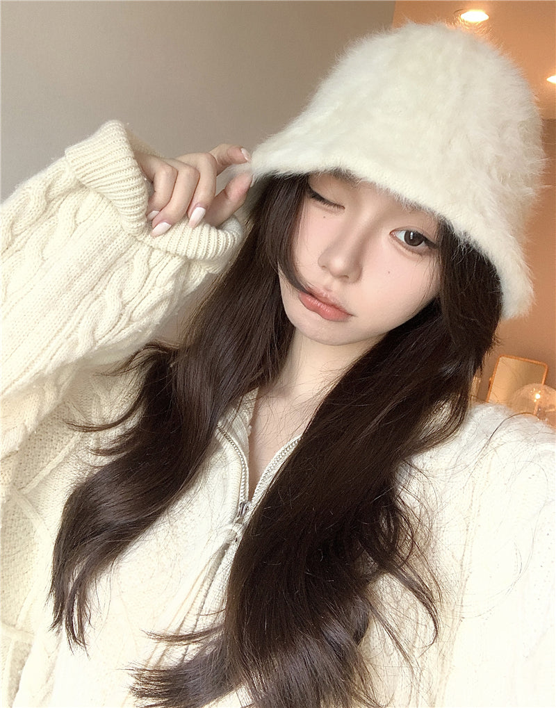 日系百搭可愛仿兔毛漁夫帽子