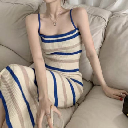 性感條紋針織吊帶連衣裙