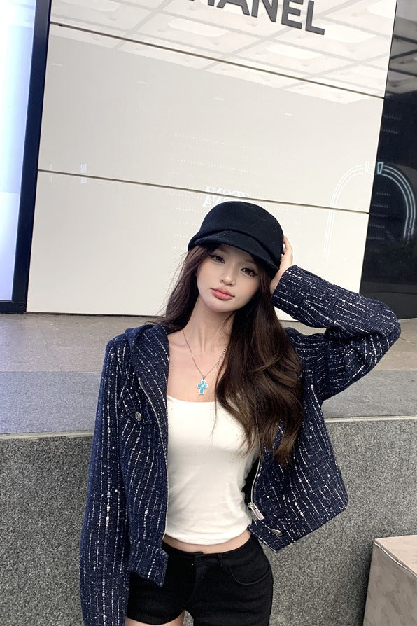 不一樣的輕奢小香藍色連帽外套