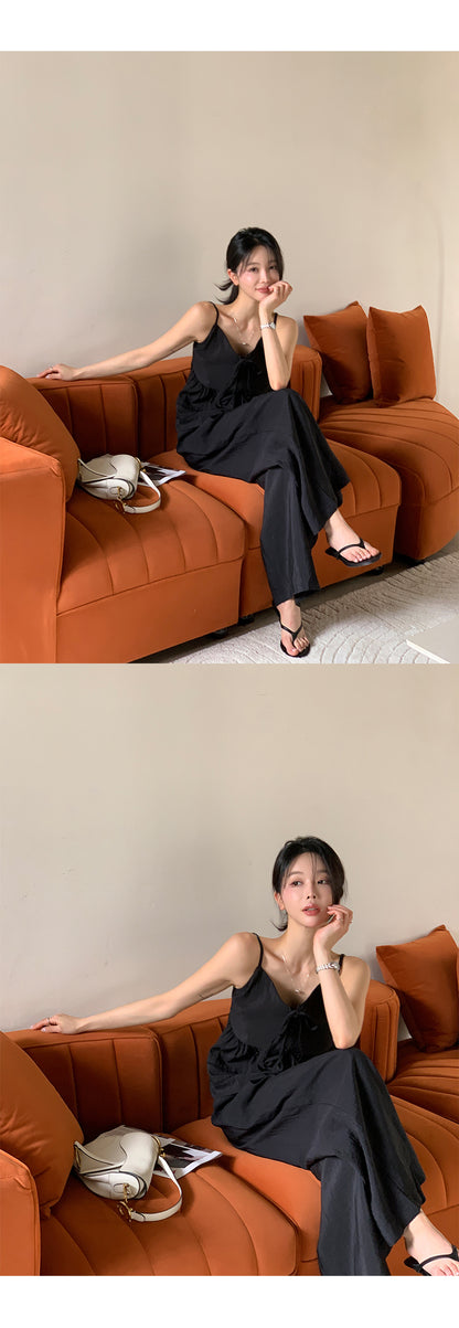 chic法式黑色花邊拼接吊帶配寬鬆長褲兩件套