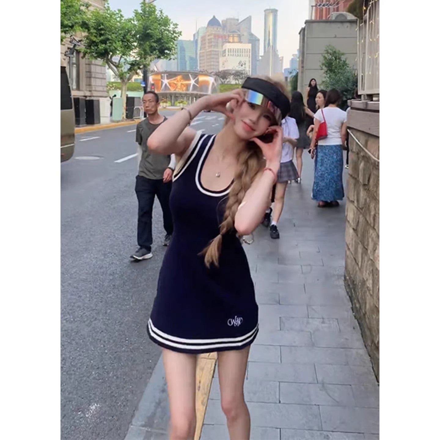 氣質修身撞色無袖連衣短裙