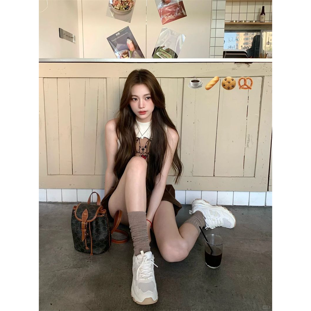 🧸美式復古圓領小熊印花背無袖上衣