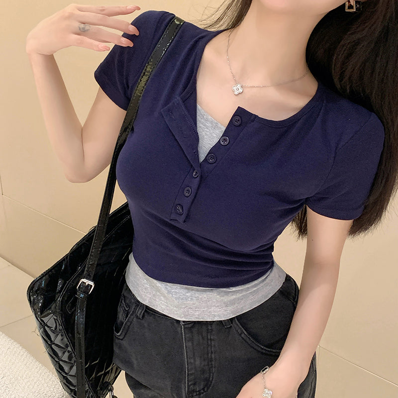 拼接撞色假兩件長袖上衣
