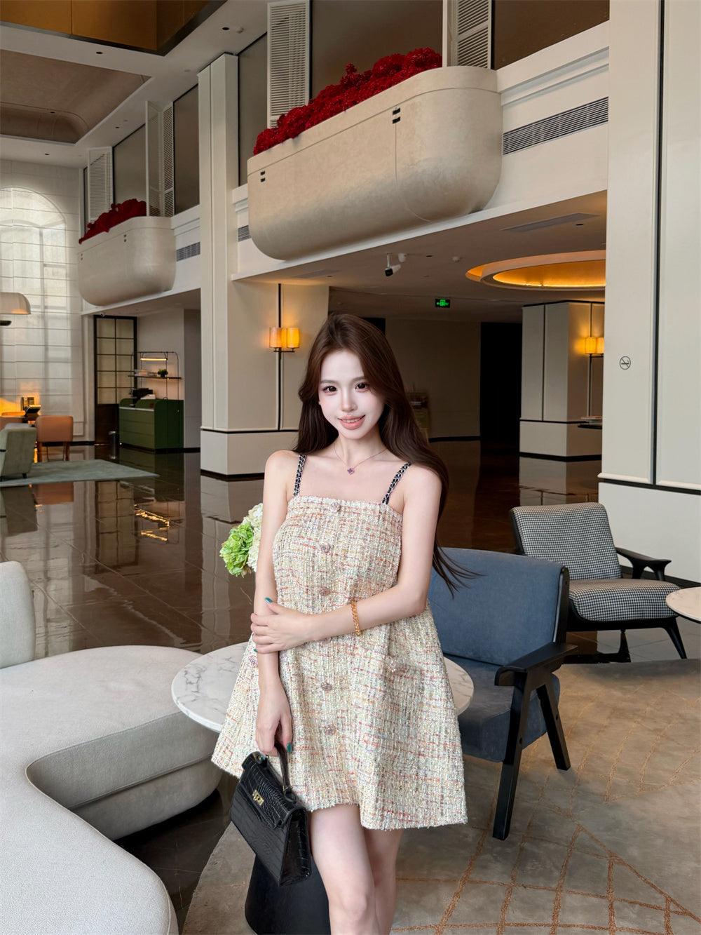 名媛彩紗小香風吊帶裙