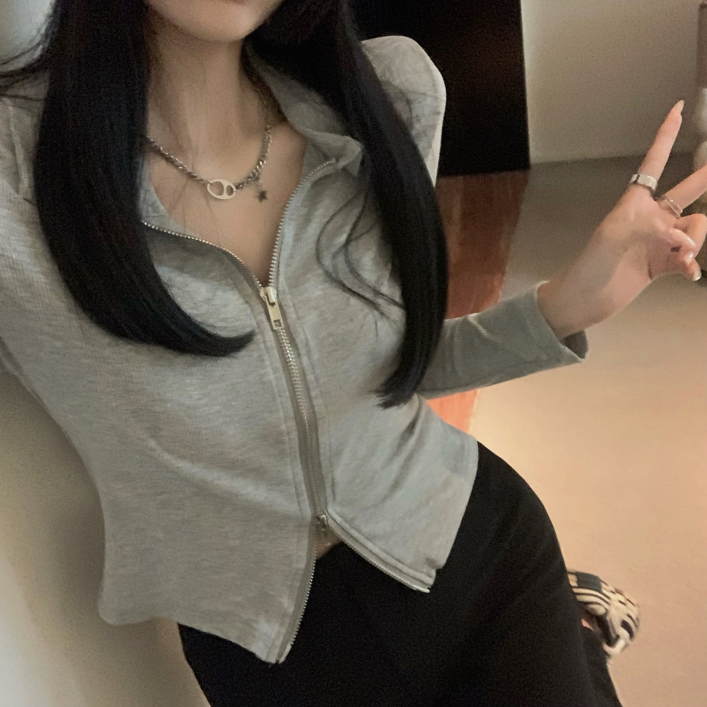 百搭簡約雙頭拉鍊翻領修身外套
