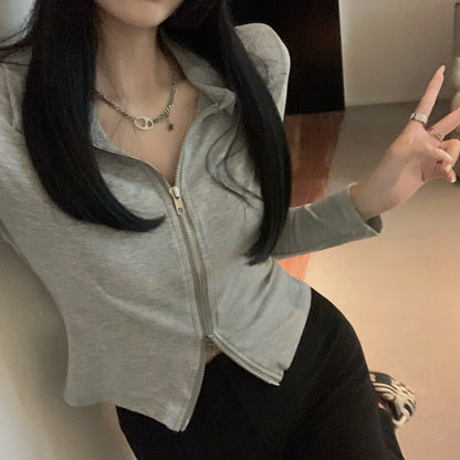 百搭簡約雙頭拉鍊翻領修身外套