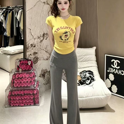 簡約貓咪修身短款上衣+高腰顯瘦微喇叭長褲