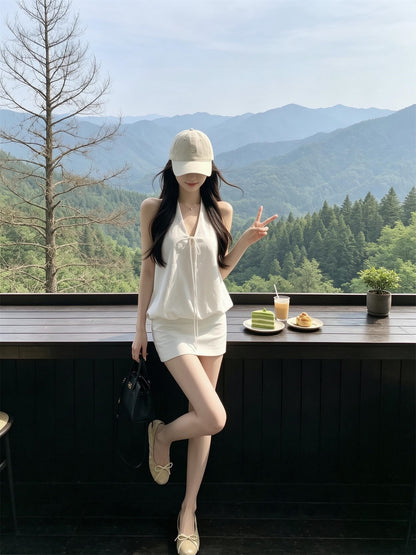 💕現貨秒出🍓韓系白色V領掛脖無袖包臀兩件套