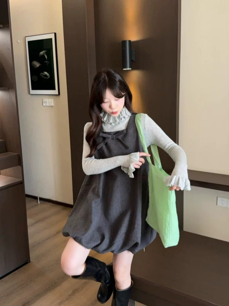 韓版秋冬寬鬆百搭背心裙+蛋糕領上衣兩件套