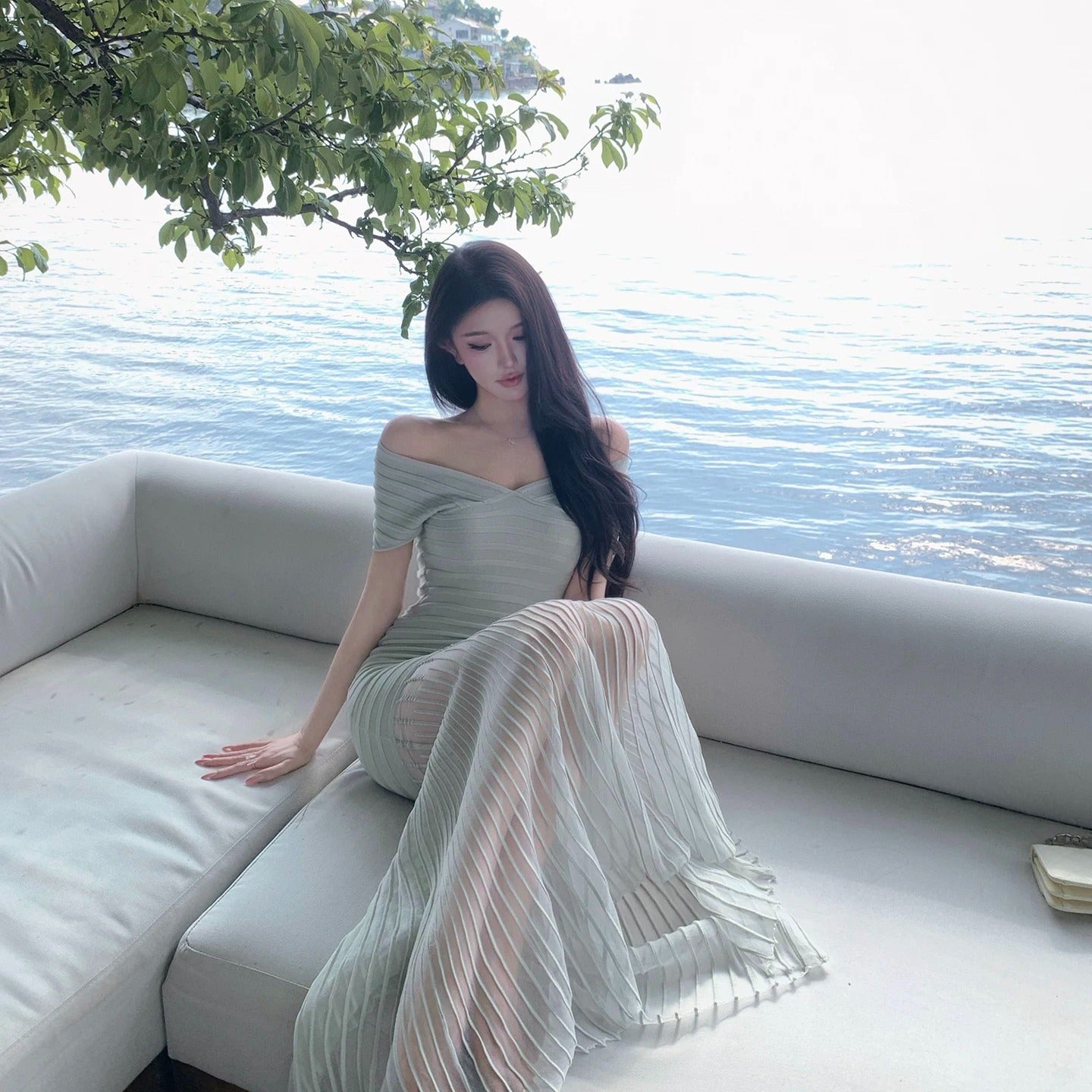 V領修身長款魚尾包臀顯瘦禮服