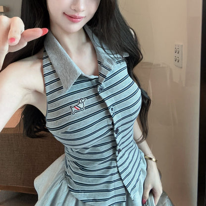 polo領撞色條紋小狗刺繡掛脖上衣