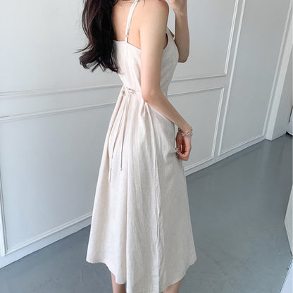 💕現貨秒出🍓慵懶度假風繫帶收腰棉麻吊帶裙
