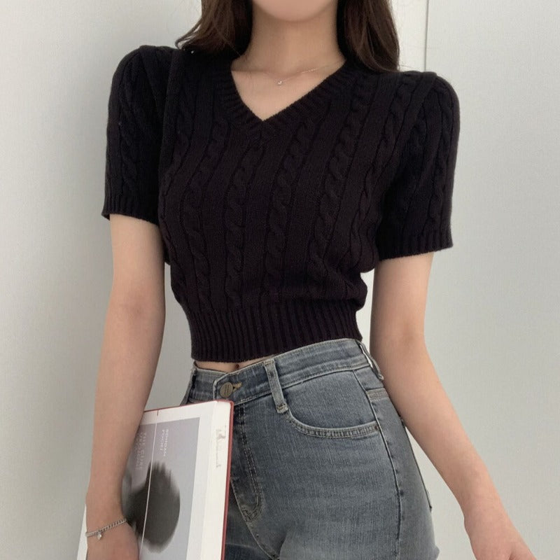 法式V領麻花修身短款上衣