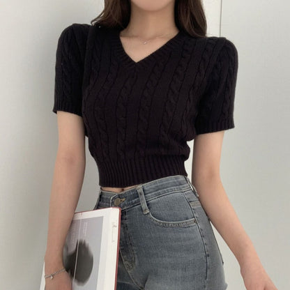 法式V領麻花修身短款上衣