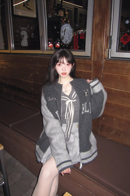 美式撞色字母繡花休閒寬鬆拉鍊外套