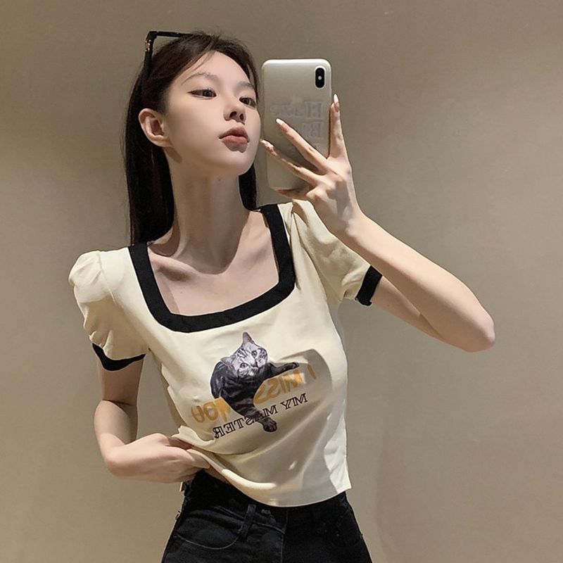 美式胸前印花虎斑貓正肩短版上衣