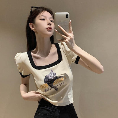 美式胸前印花虎斑貓正肩短版上衣