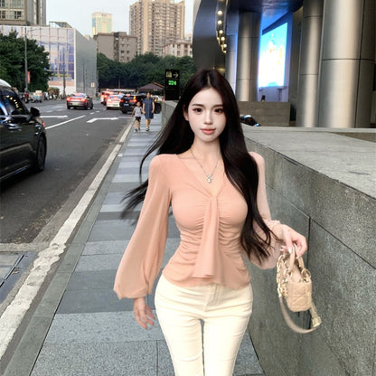 溫柔純御氛圍感修身褶皺V領彈性上衣