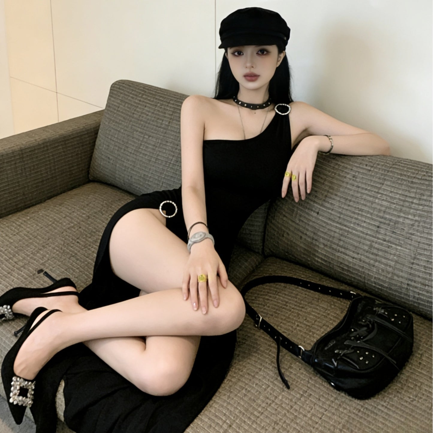 超性感單肩黑色高開衩長裙
