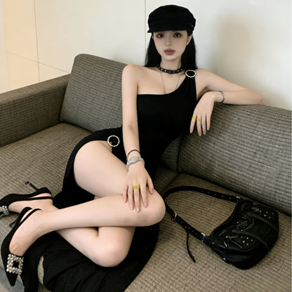 超性感單肩黑色高開衩長裙