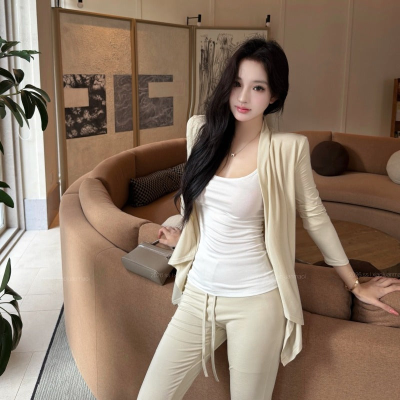 慵懶美背吊帶高腰抽繩微喇叭針織三件套
