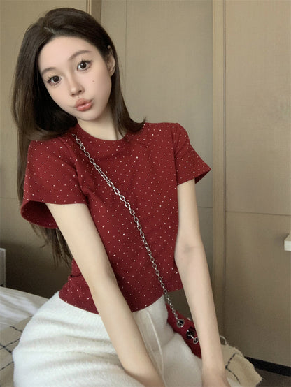 韓系重工燙鑽圓領修身百搭短袖上衣
