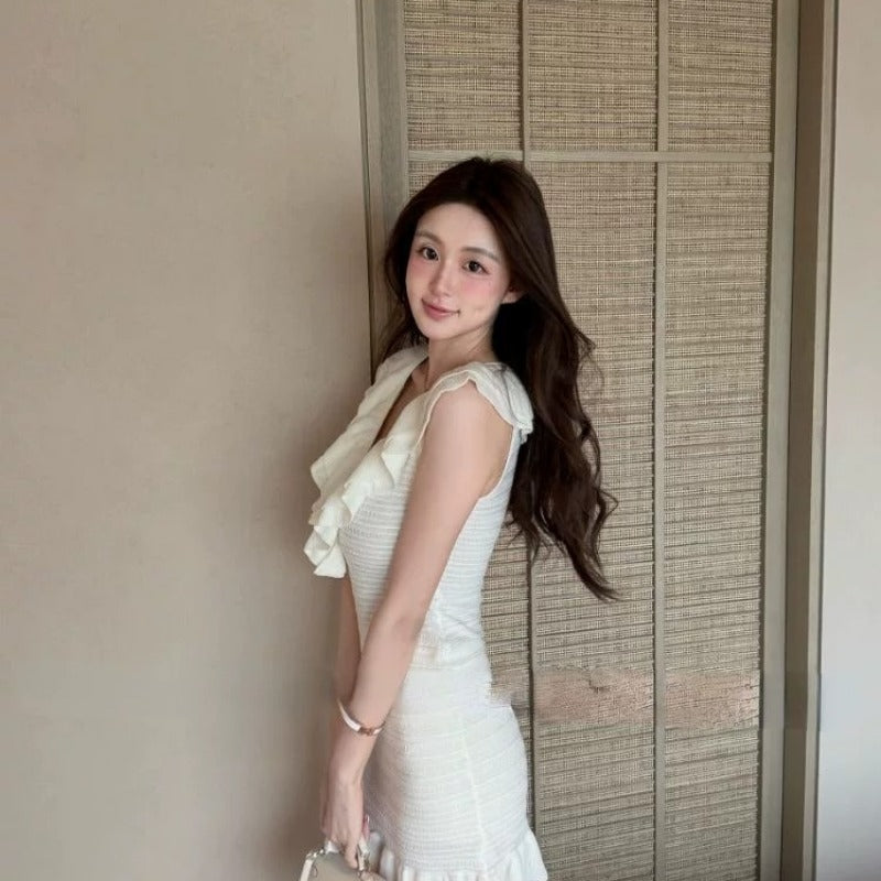 💕現貨秒出🍓法式名媛V領荷葉邊針織背心連衣裙