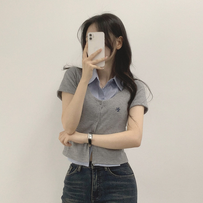 chic韓系假兩件POLO領襯衫上衣