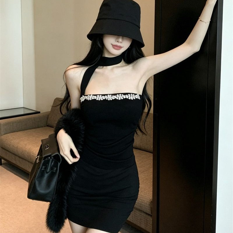 鑲鑽性感抹胸掛脖高腰顯瘦上衣(含圍脖)