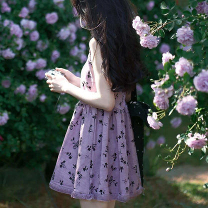 紫色碎花流蘇掛脖子吊帶連身裙(有大尺碼)