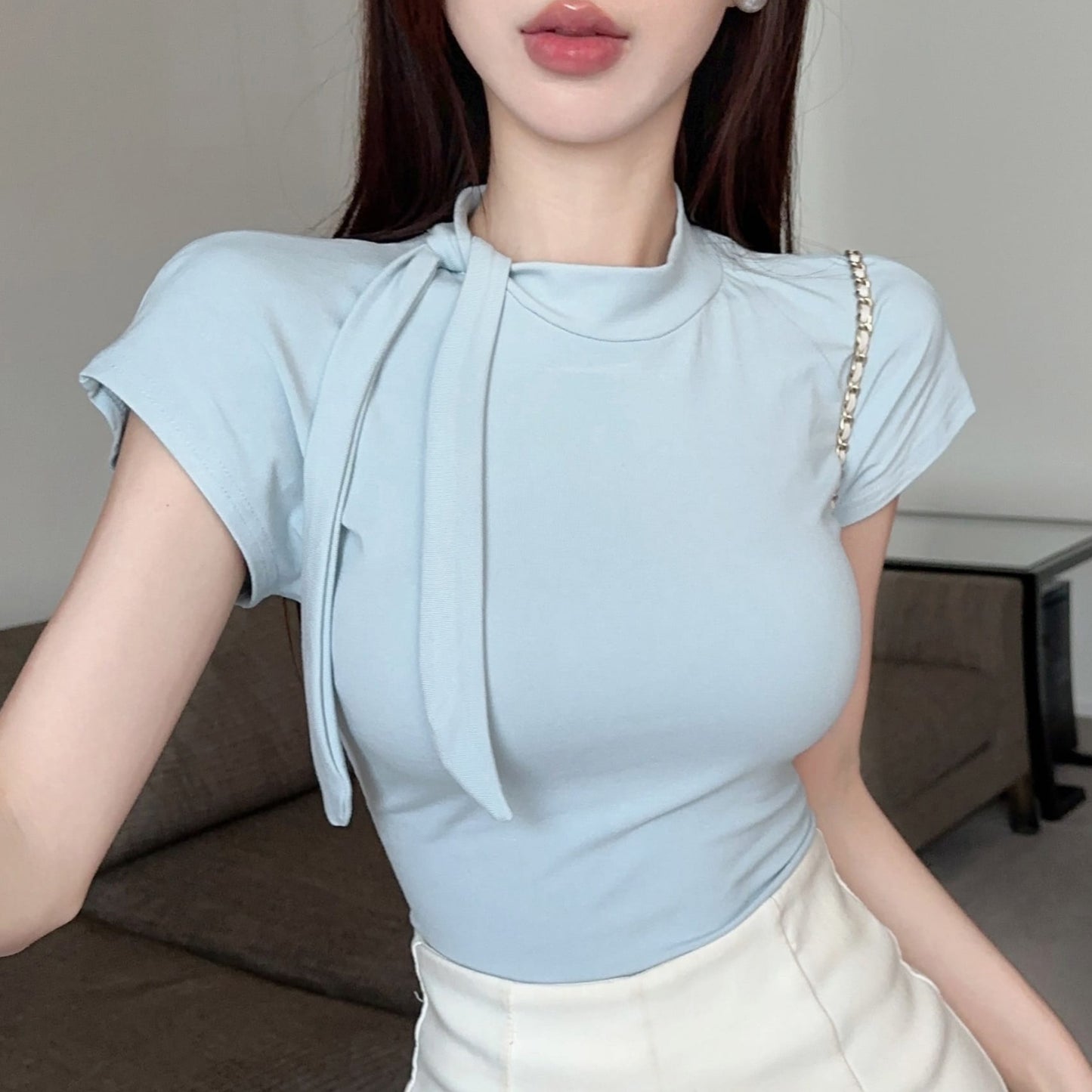 系帶圍巾領修身簡約上衣