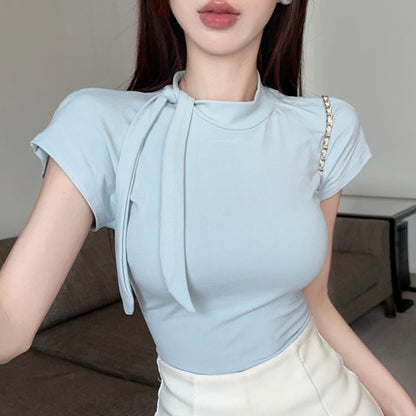 系帶圍巾領修身簡約上衣