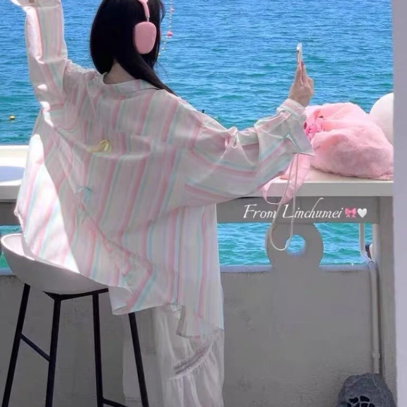 韓系多巴胺彩虹條紋慵懶開衫上衣