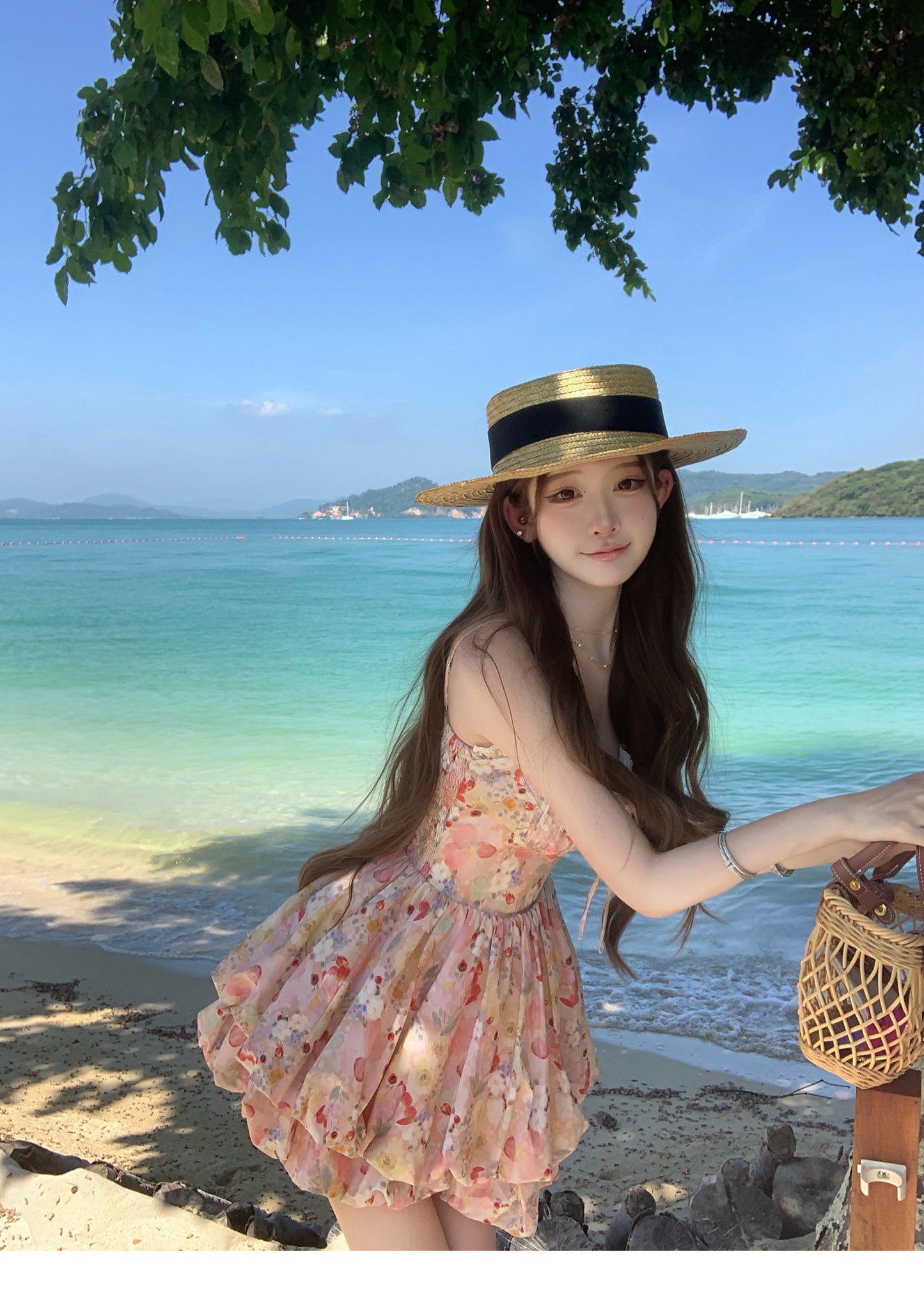 💕現貨秒出🍓ins風氛圍感度假吊帶花苞澎澎裙連衣裙