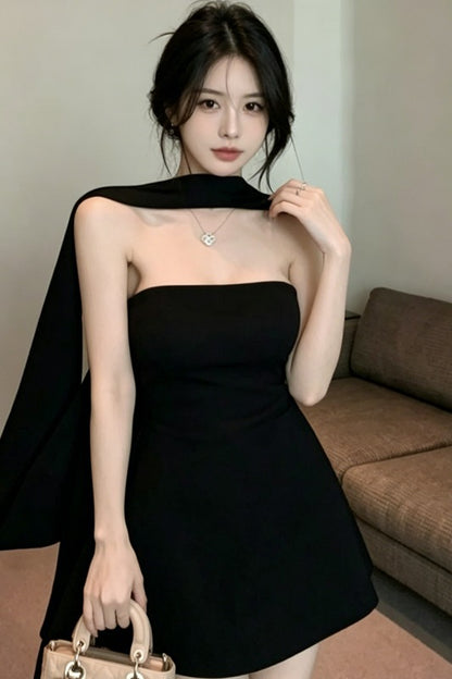 💕現貨秒出🍓無袖一字肩飄帶抹胸短裙(有大尺碼)