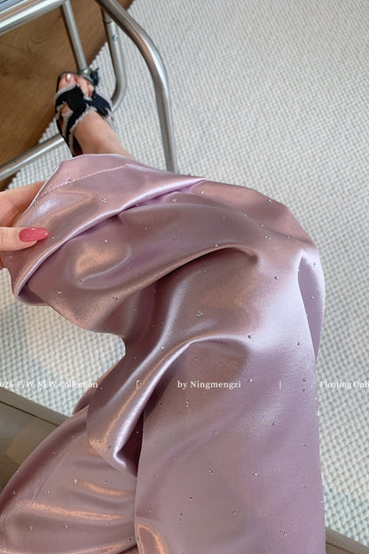 💎慵懶風紫色醋酸燙鑽垂感休閒寬褲🌟