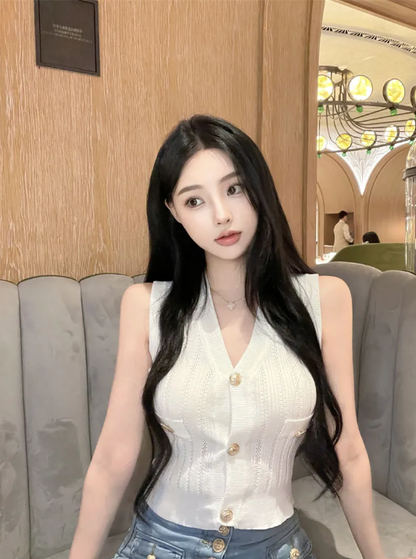 奢香名媛V領針織馬甲上衣