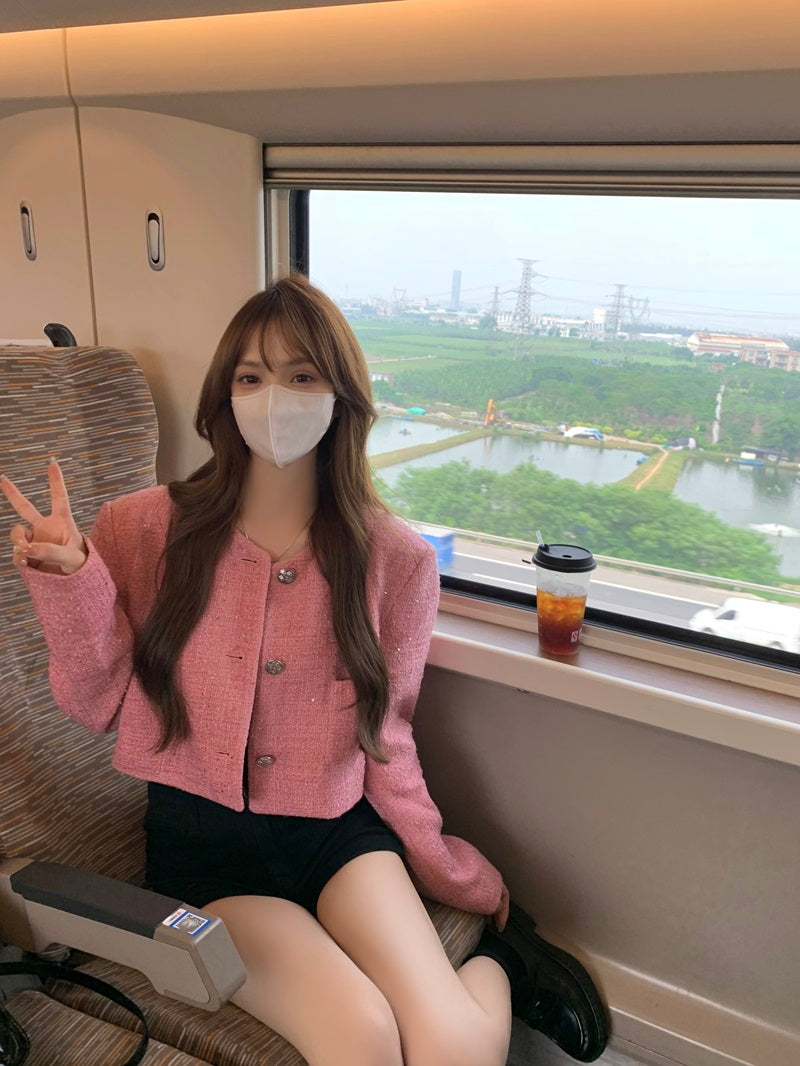 法式粉色粗花短款小香風外套