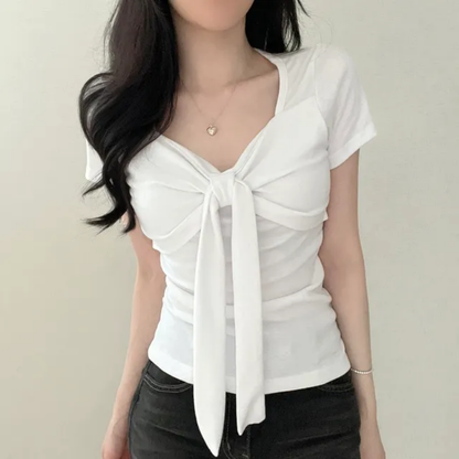 💕現貨秒出🍓韓系chic溫柔V領蝴蝶結短袖上衣