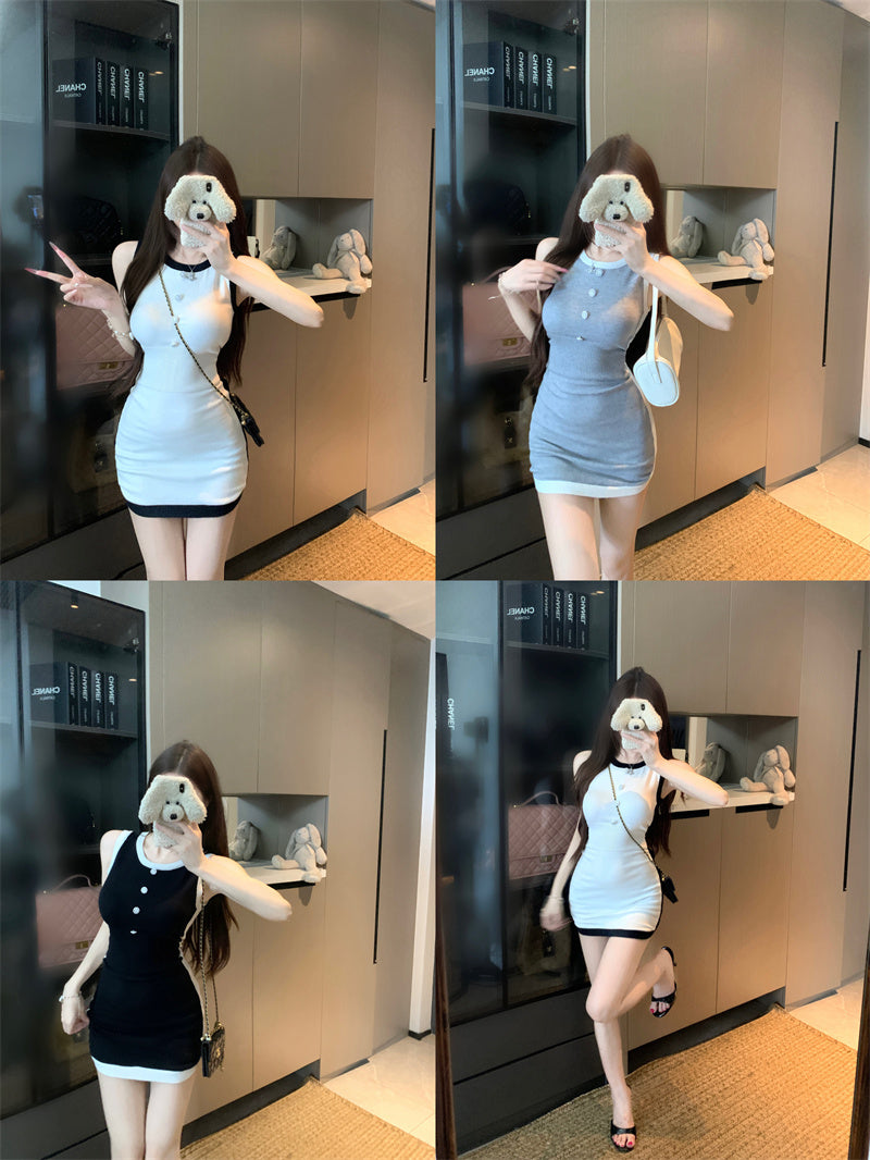輕熟拼色圓領背心包臀短裙